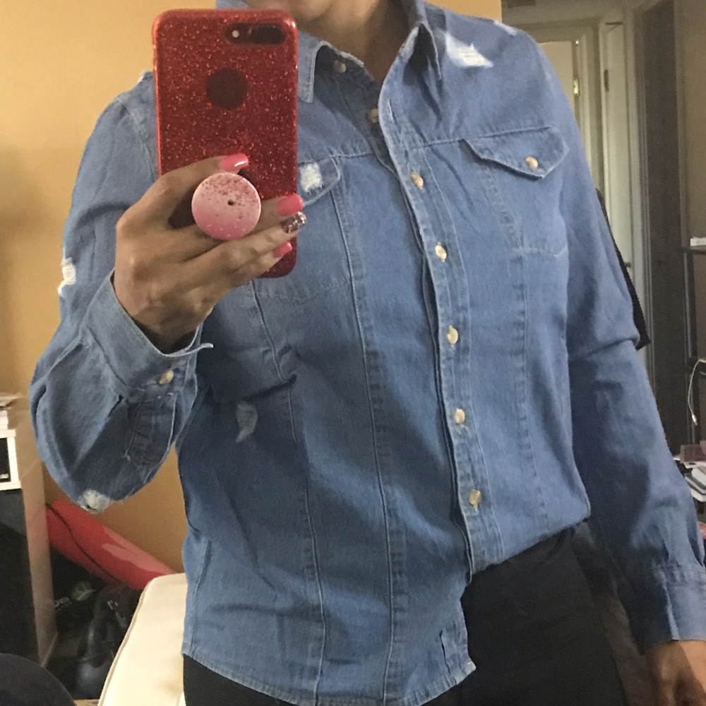 Distressed denim button down shirt